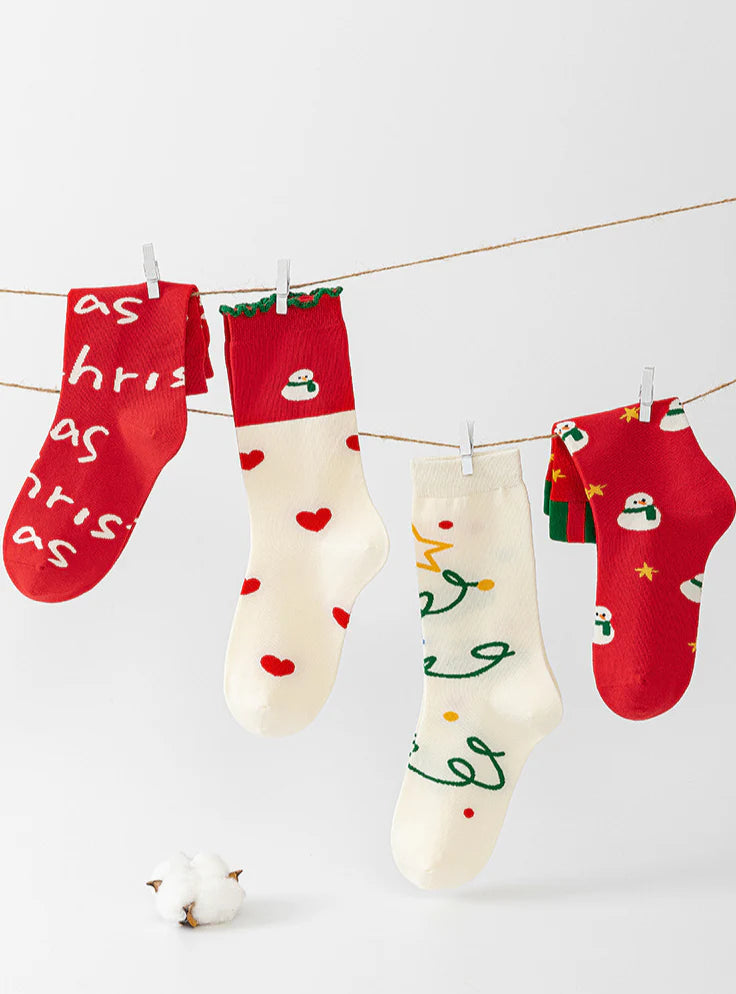 5 Pack Cute Cartoon Couples Crew Knee High Christmas Socks